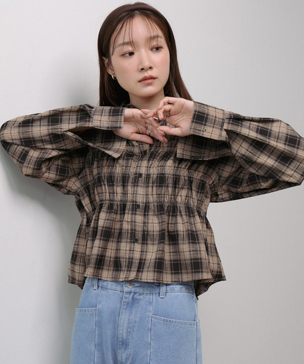 シャーリングビスチェ風デザインチェックシャツ