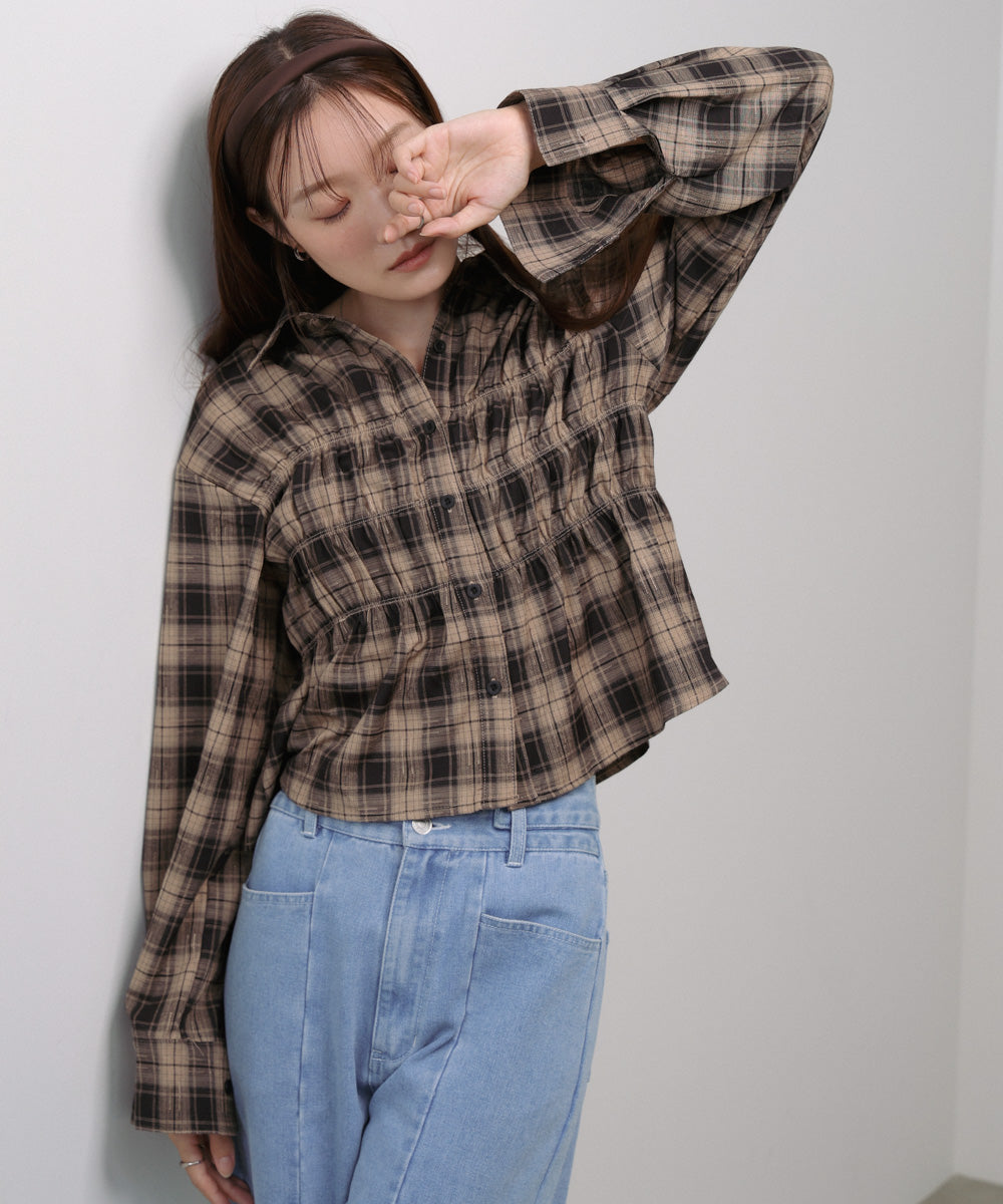 シャーリングビスチェ風デザインチェックシャツ