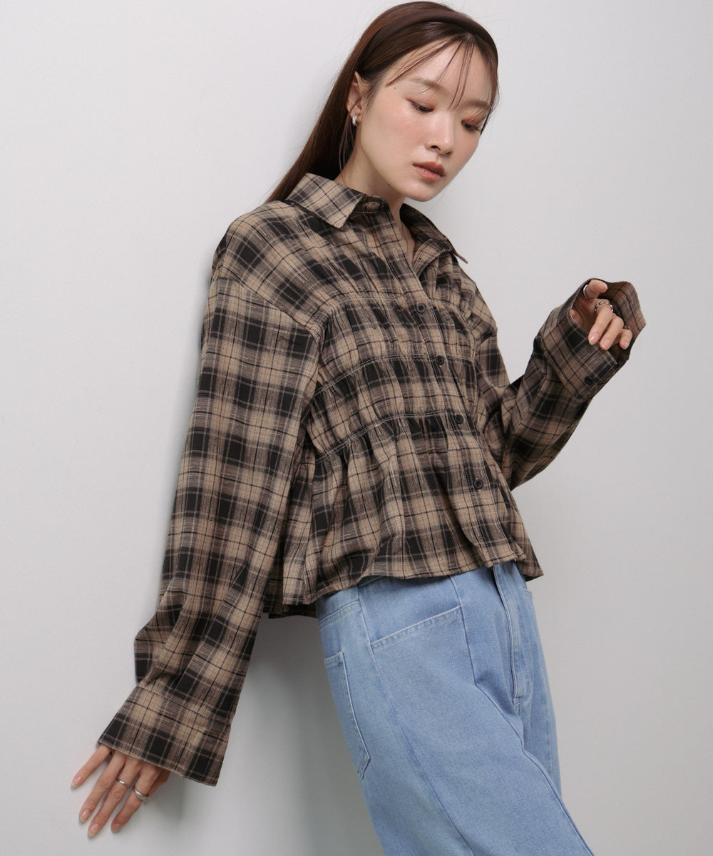 シャーリングビスチェ風デザインチェックシャツ