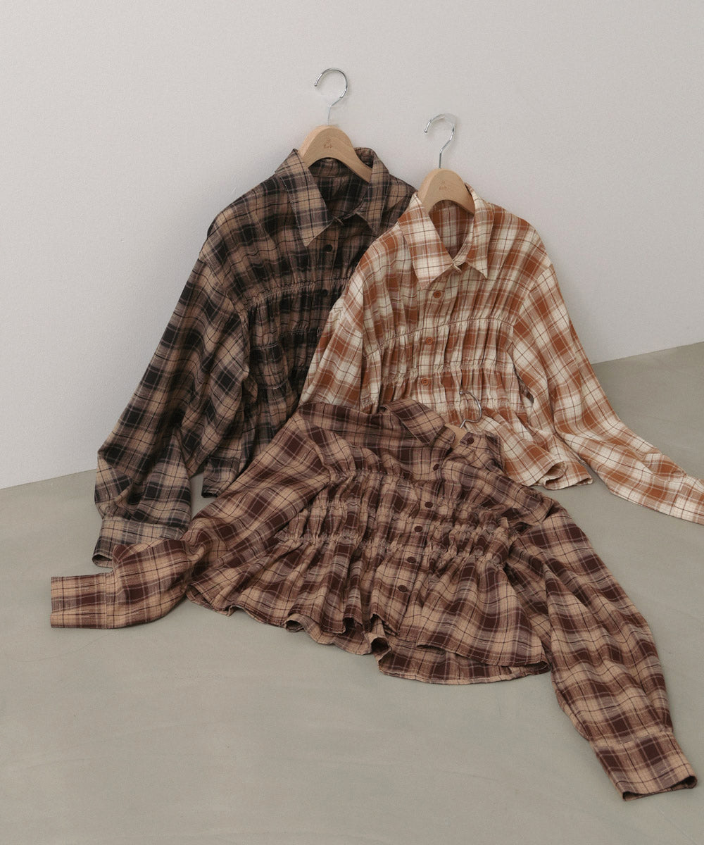 シャーリングビスチェ風デザインチェックシャツ