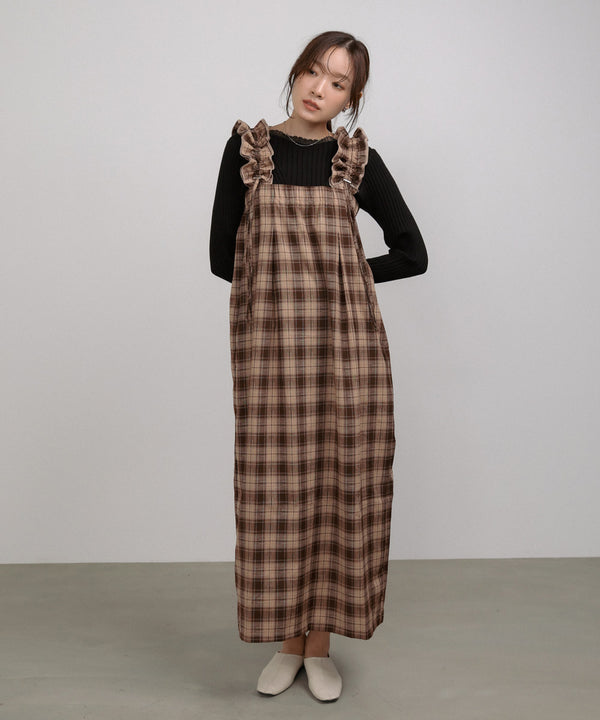 チェックギャザージャンパーワンピース