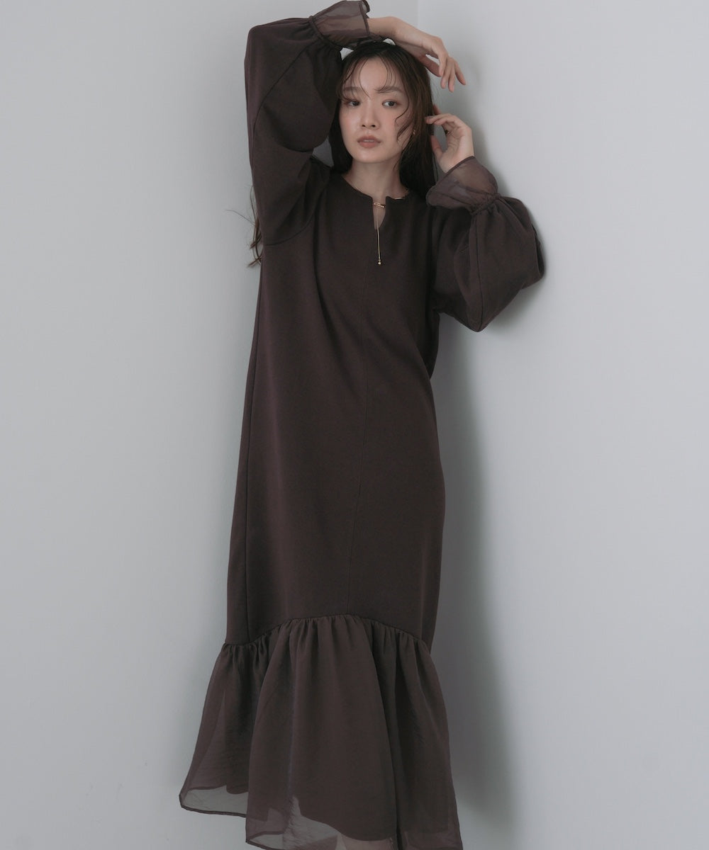 オーガンジー切替スウェットワンピース