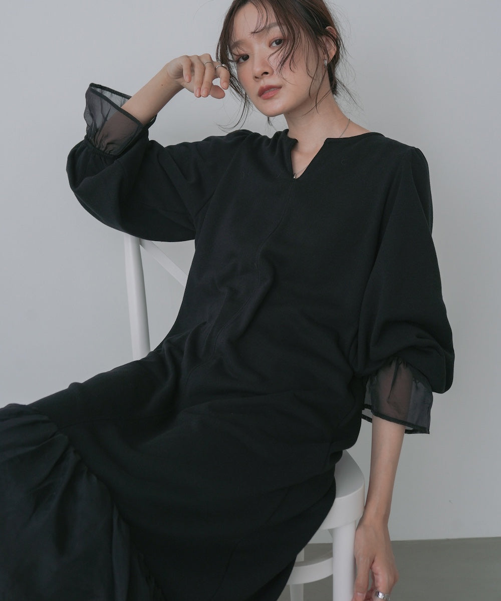 オーガンジー切替スウェットワンピース