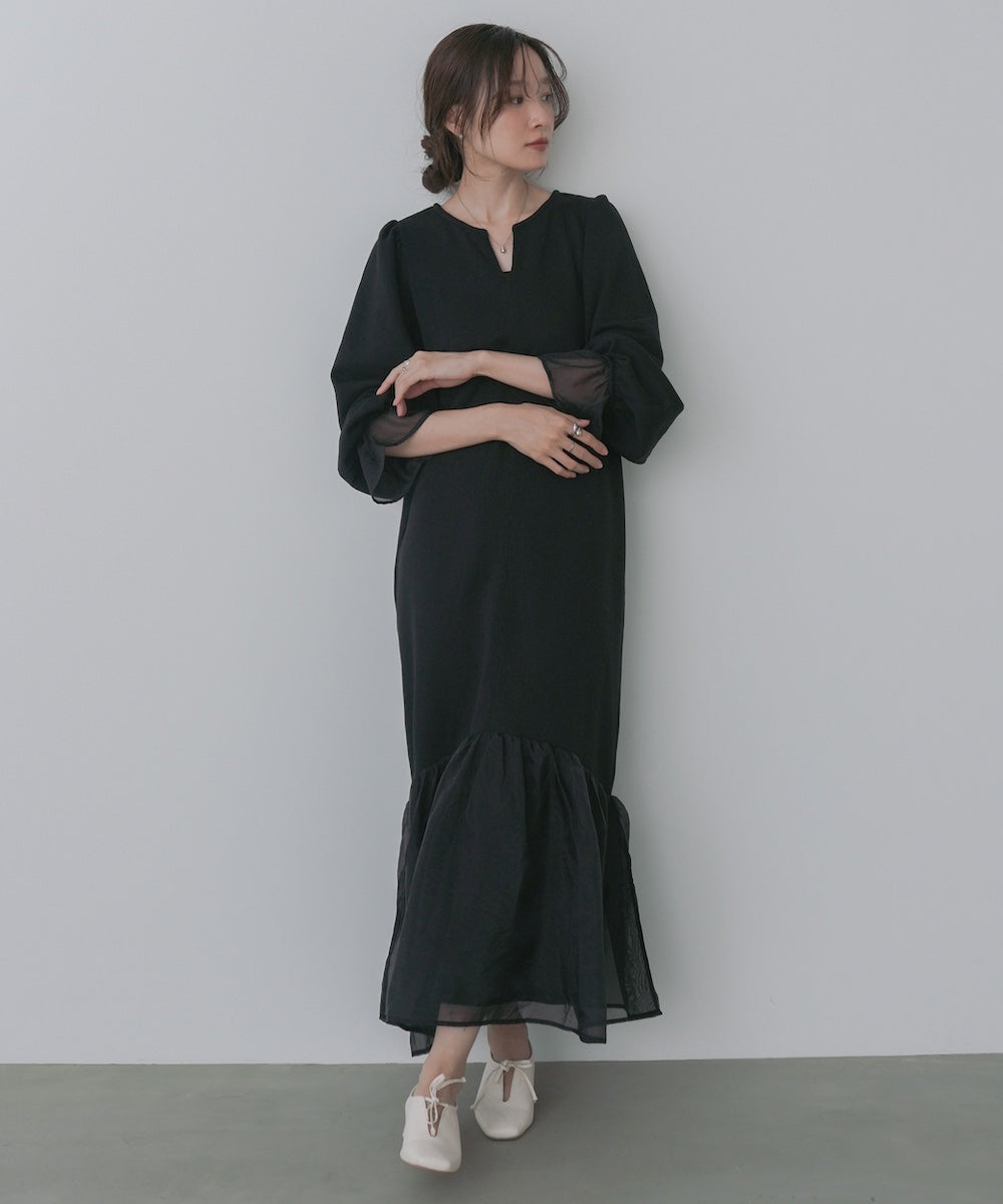 オーガンジー切替スウェットワンピース