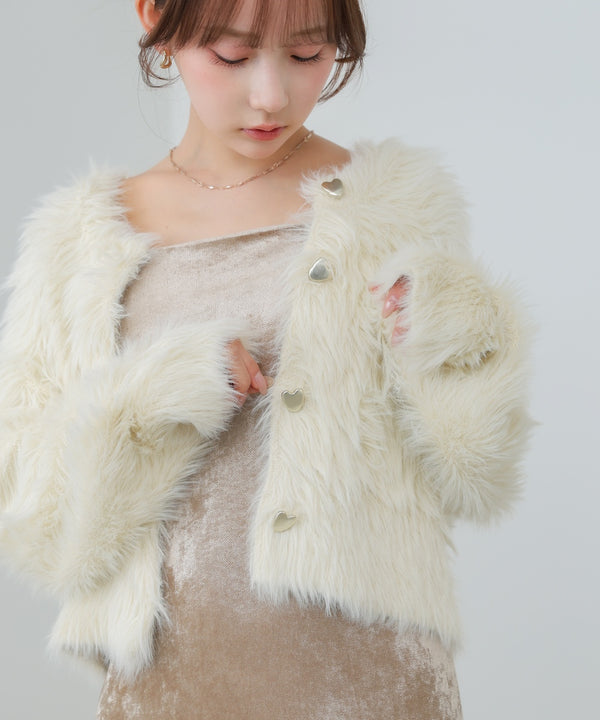 【選べる着丈】前後2WAYハートボタンシャギーニットカーディガン