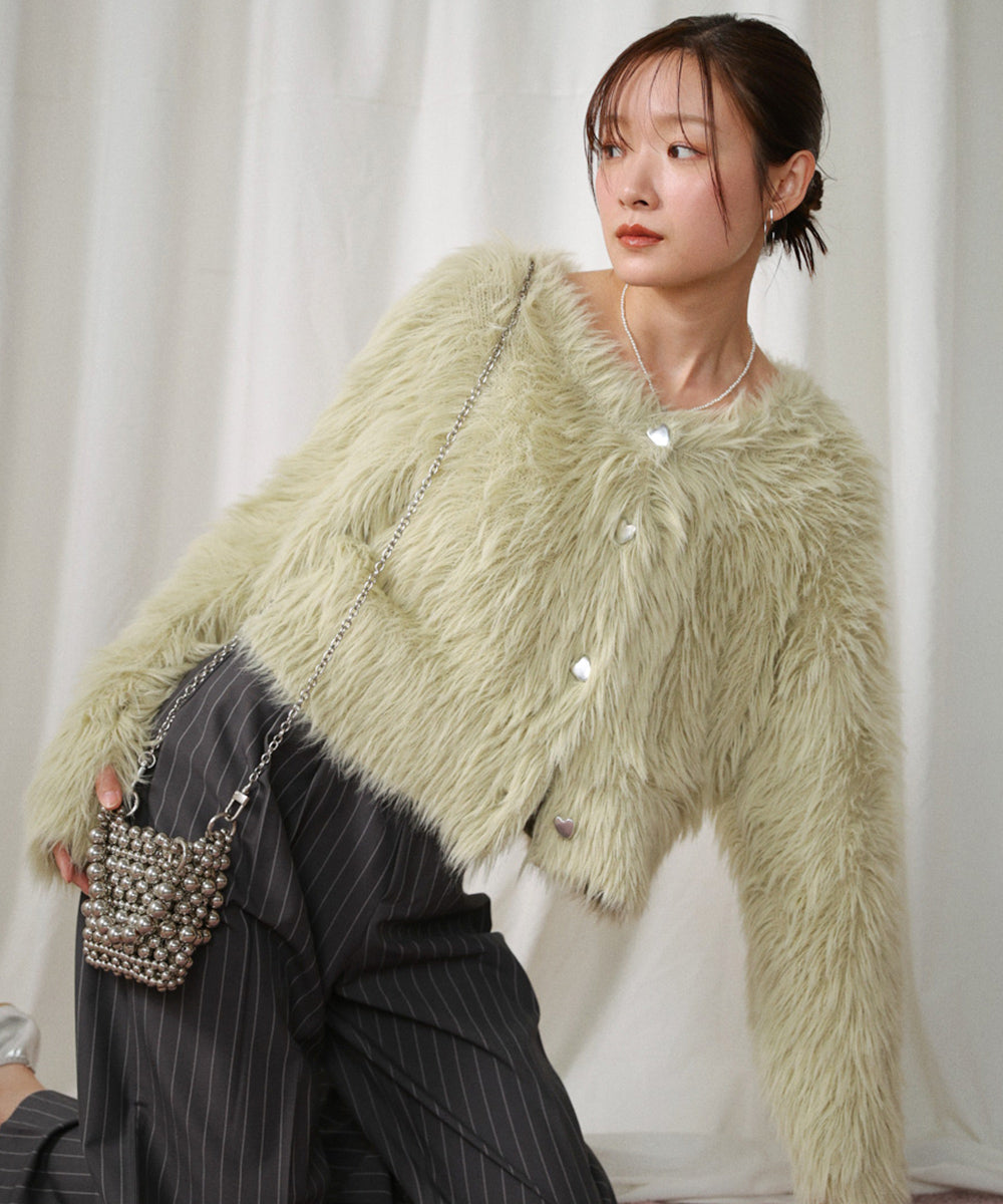 【選べる着丈】前後2WAYハートボタンシャギーニットカーディガン