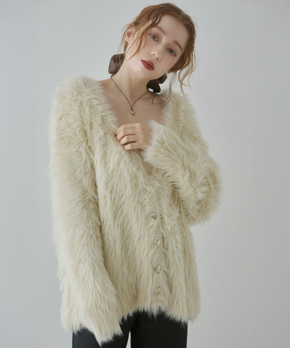 【選べる着丈】前後2WAYハートボタンシャギーニットカーディガン