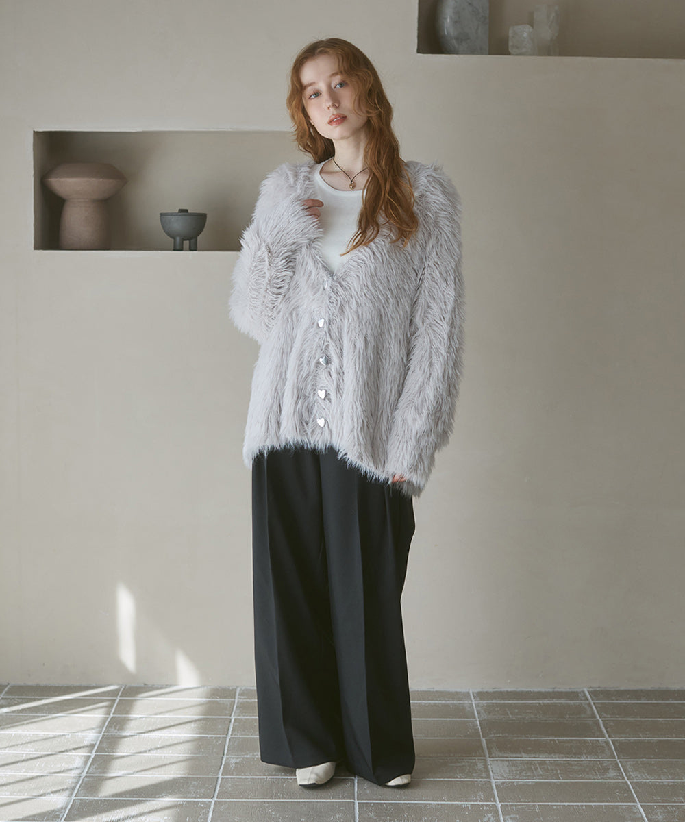 【選べる着丈】前後2WAYハートボタンシャギーニットカーディガン