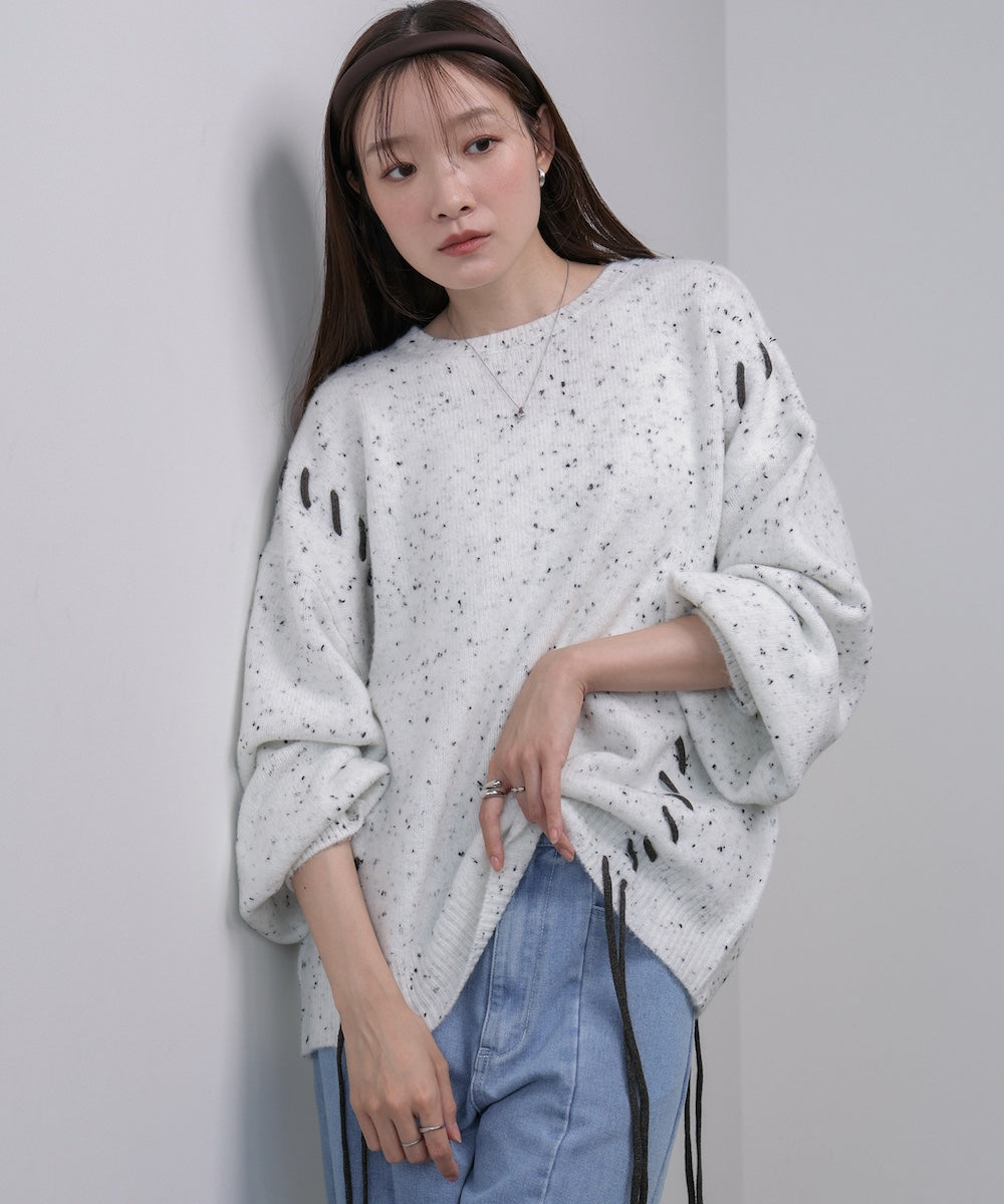 チョコチップ風ネップ 編み上げニットトップス