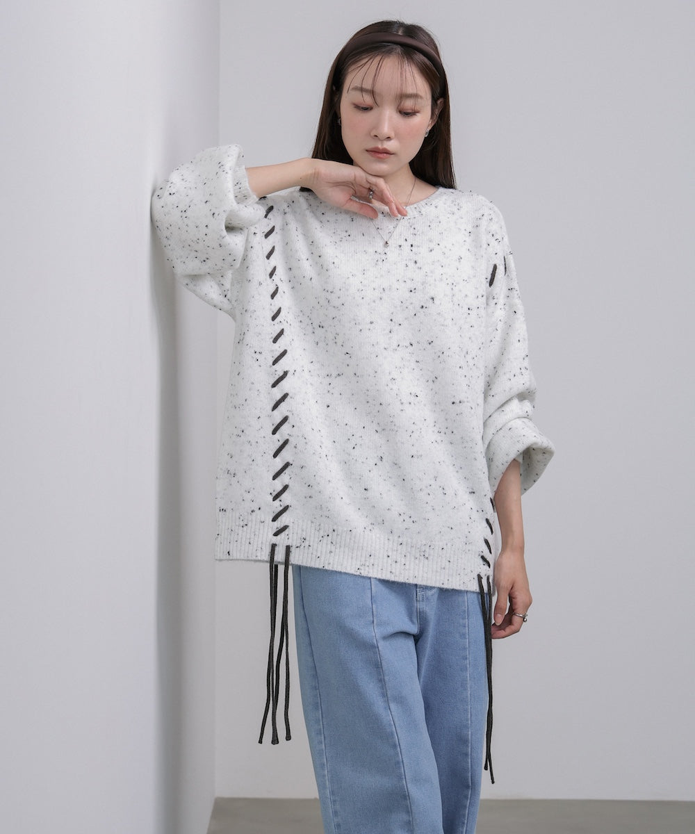 チョコチップ風ネップ 編み上げニットトップス