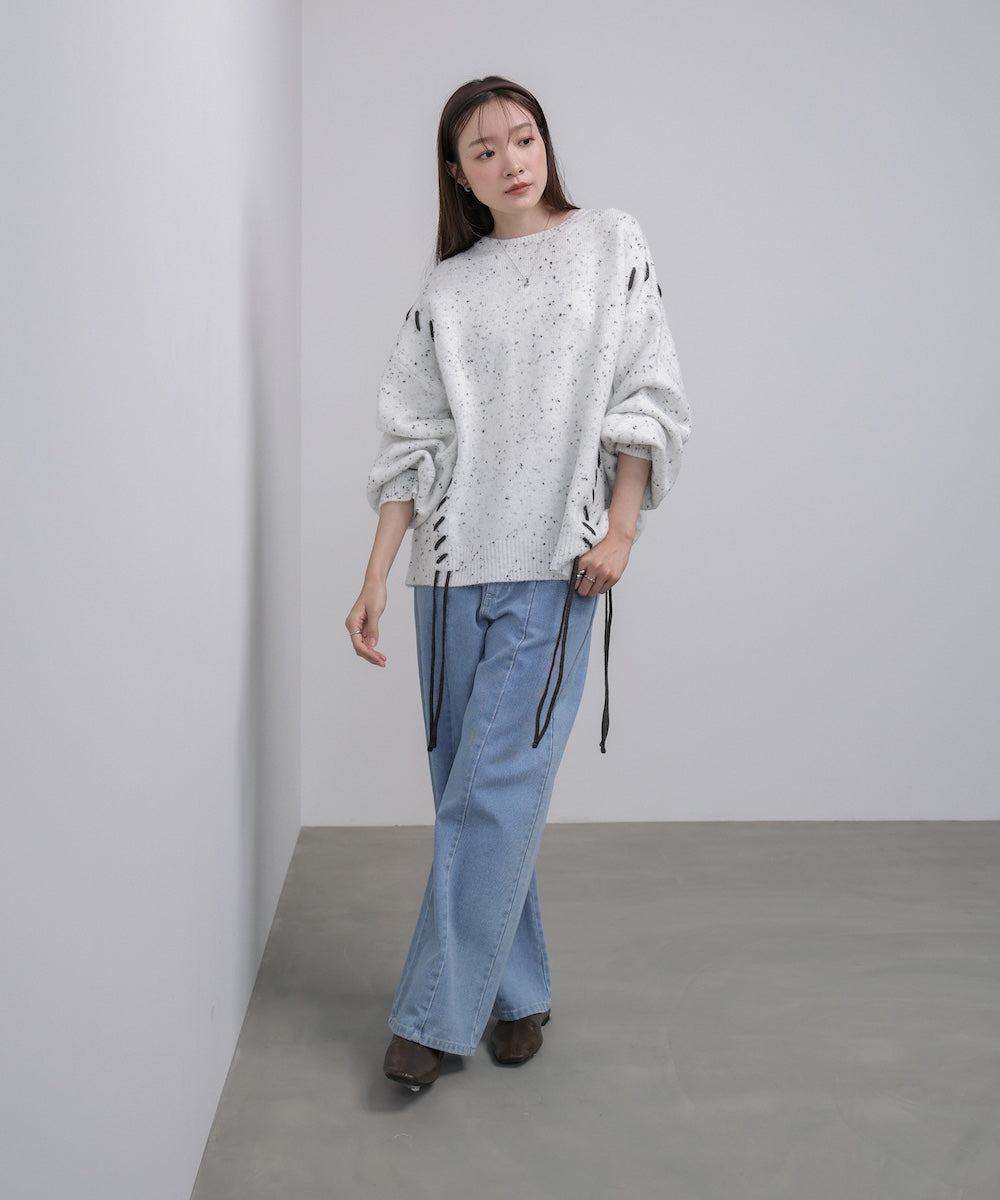 チョコチップ風ネップ 編み上げニットトップス