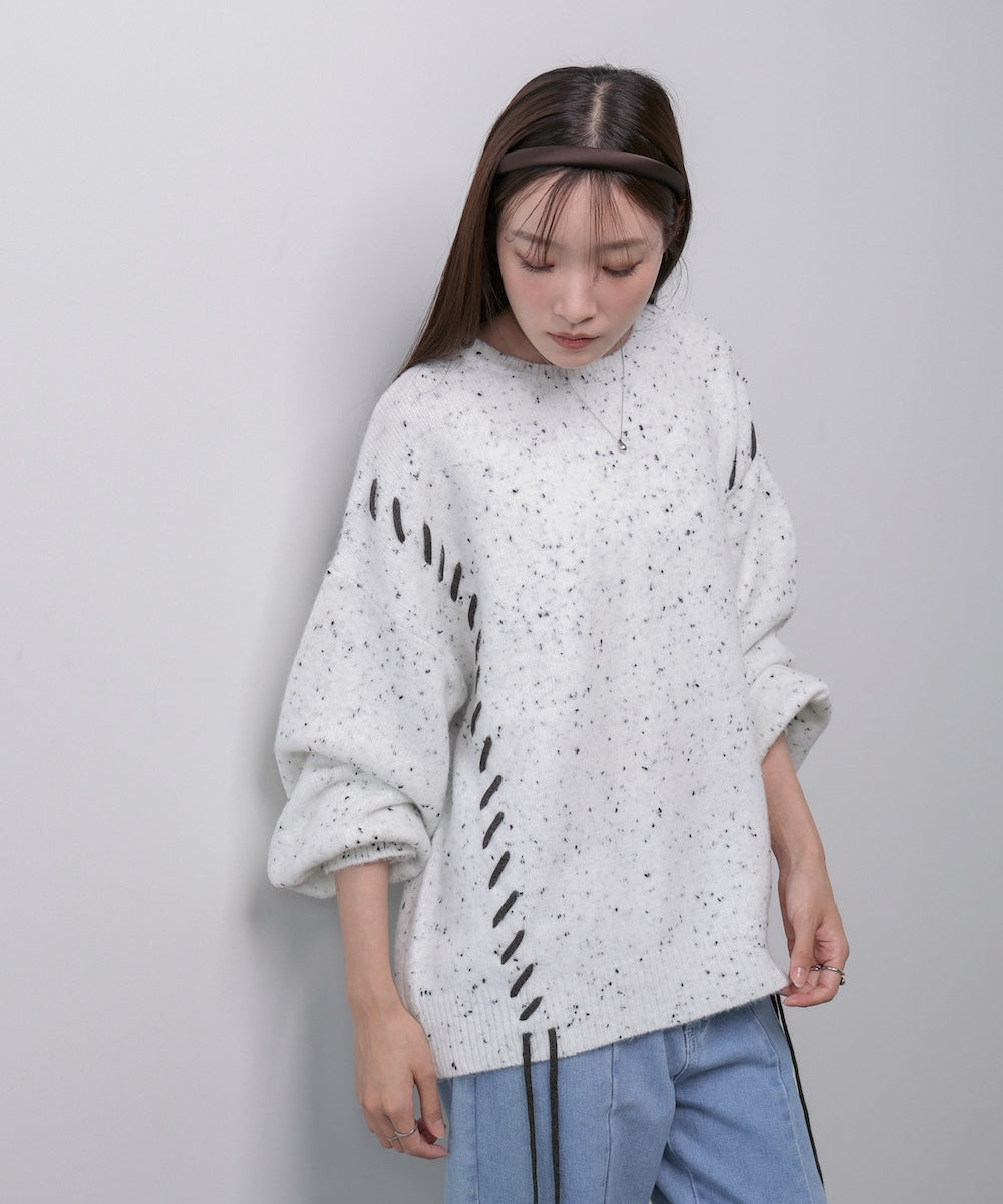 チョコチップ風ネップ 編み上げニットトップス