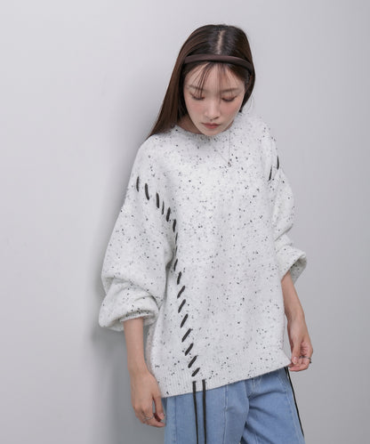 チョコチップ風ネップ 編み上げニットトップス