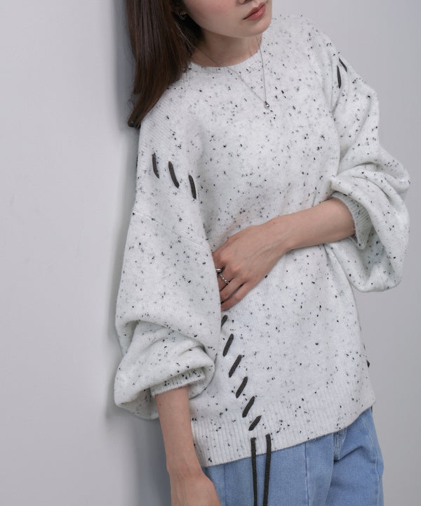 チョコチップ風ネップ 編み上げニットトップス