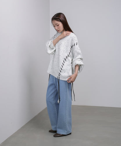 チョコチップ風ネップ 編み上げニットトップス