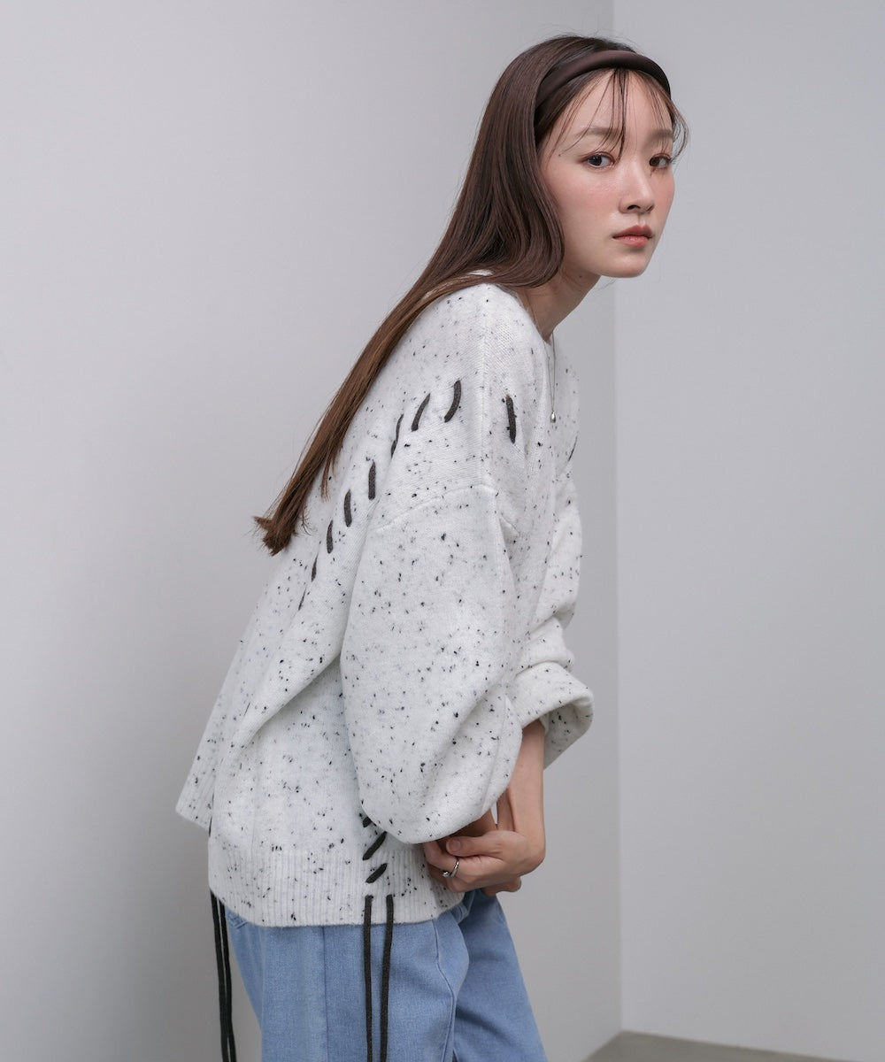 チョコチップ風ネップ 編み上げニットトップス