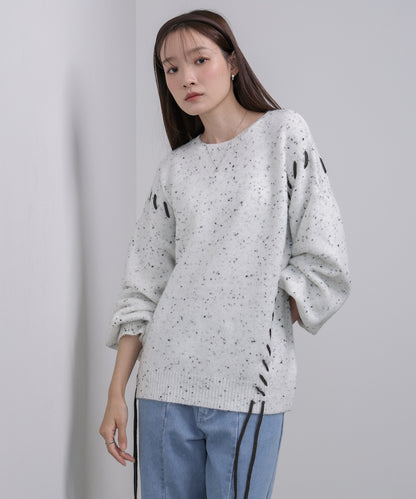 チョコチップ風ネップ 編み上げニットトップス