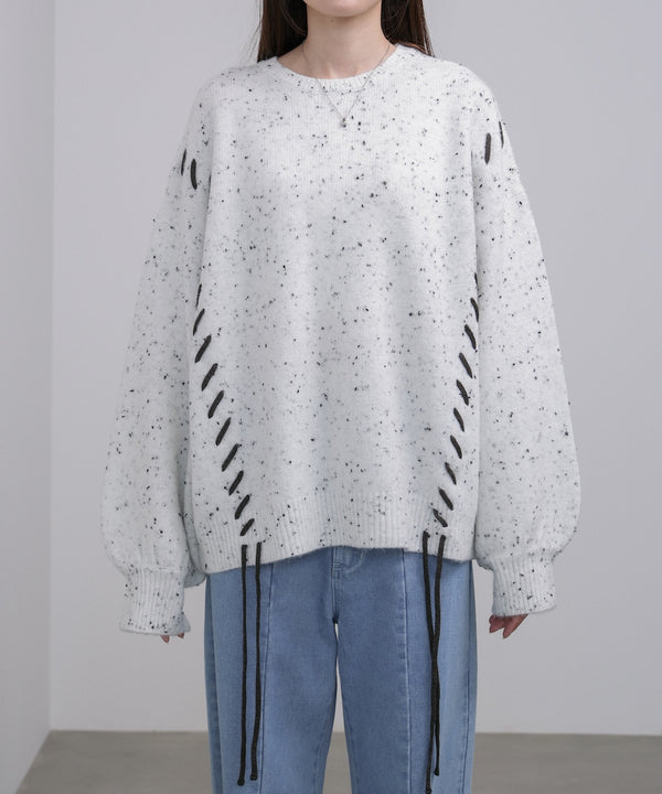 チョコチップ風ネップ 編み上げニットトップス