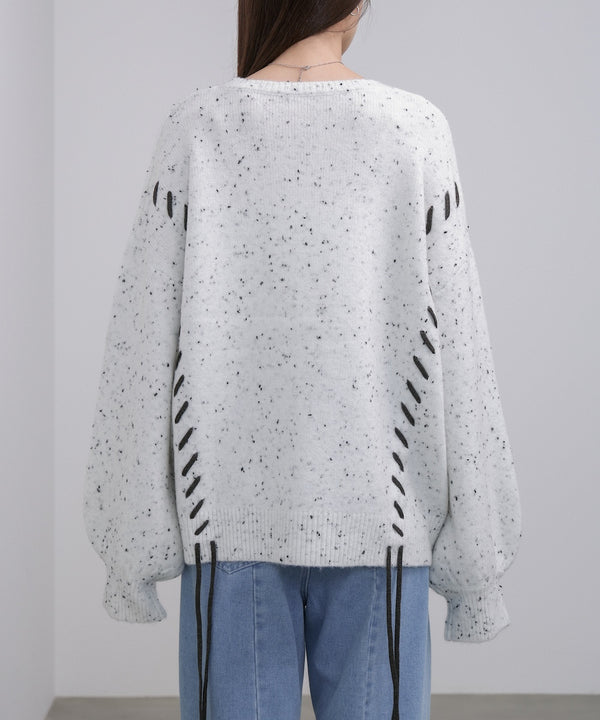 チョコチップ風ネップ 編み上げニットトップス