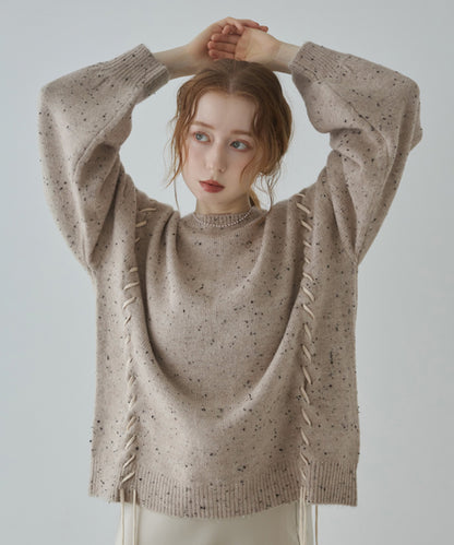 チョコチップ風ネップ 編み上げニットトップス