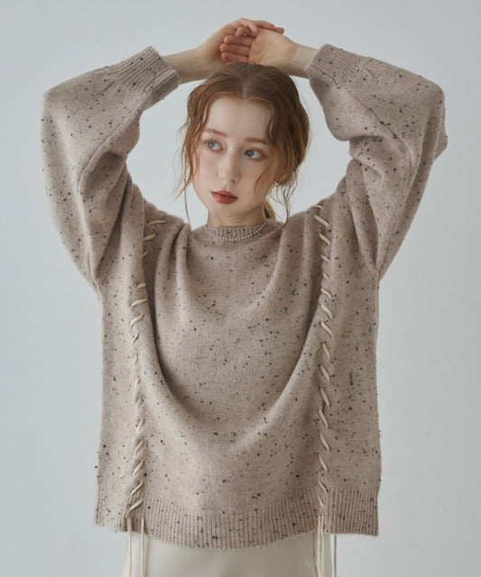 チョコチップ風ネップ 編み上げニットトップス