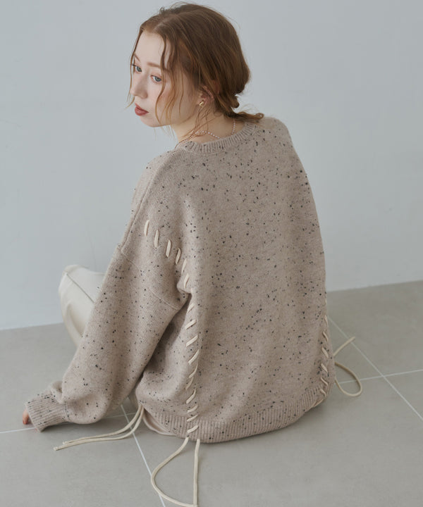 チョコチップ風ネップ 編み上げニットトップス