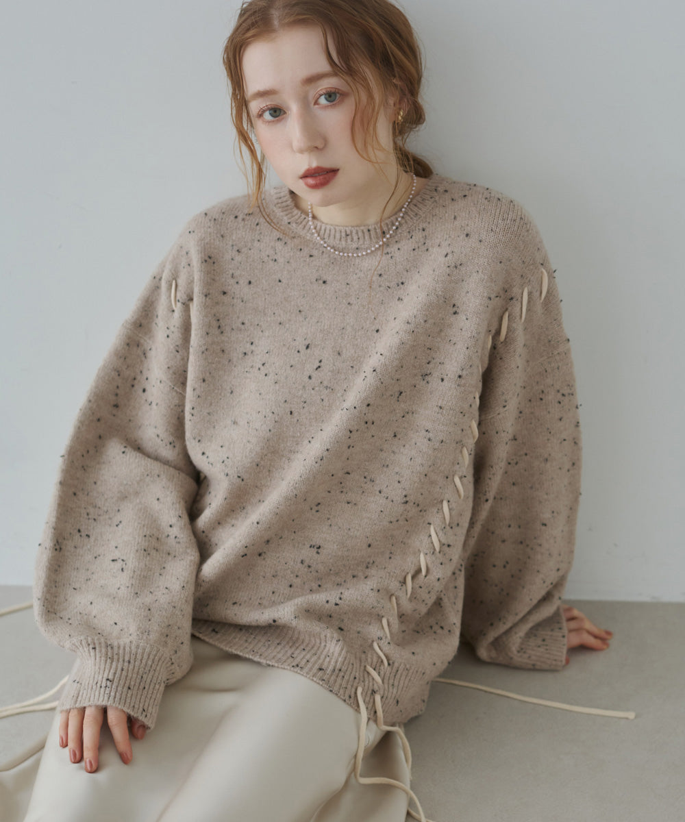 ベージュニットみょん様 チョコチップ風ネップ 編み上げニットトップス – Bab