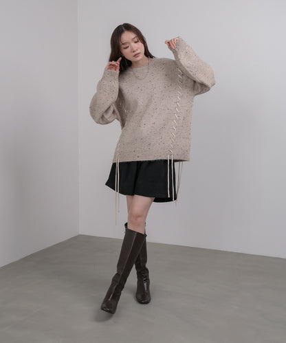 チョコチップ風ネップ 編み上げニットトップス