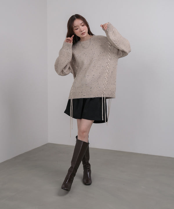 チョコチップ風ネップ 編み上げニットトップス