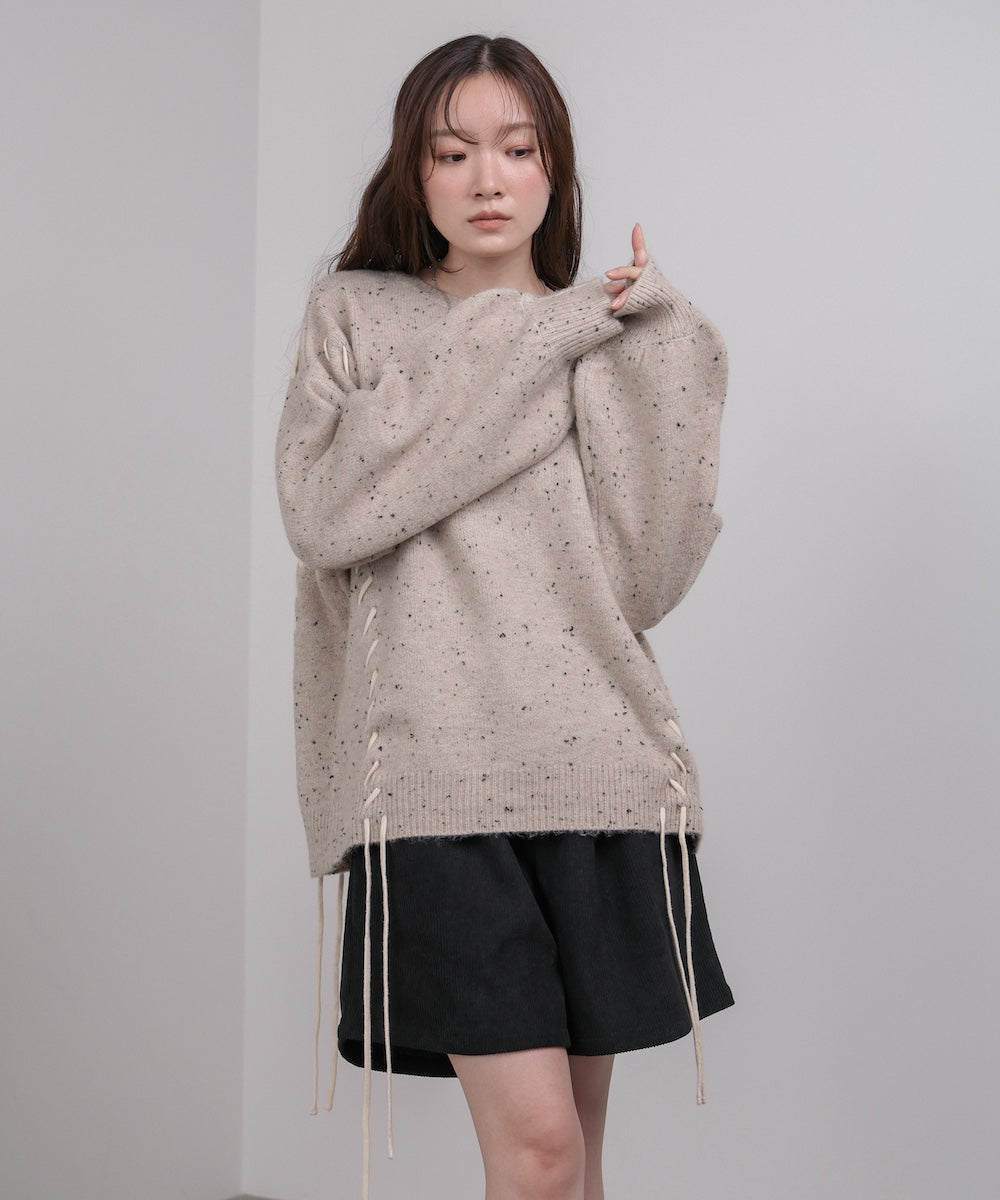 チョコチップ風ネップ 編み上げニットトップス