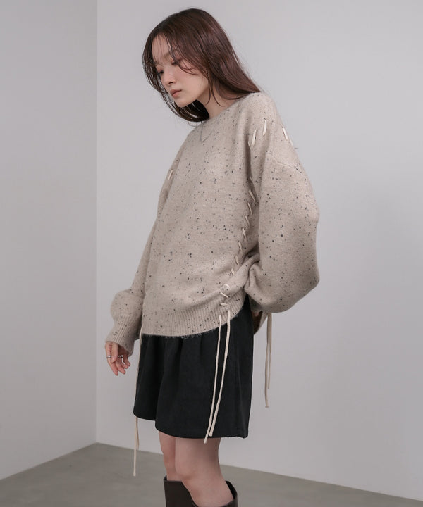 チョコチップ風ネップ 編み上げニットトップス