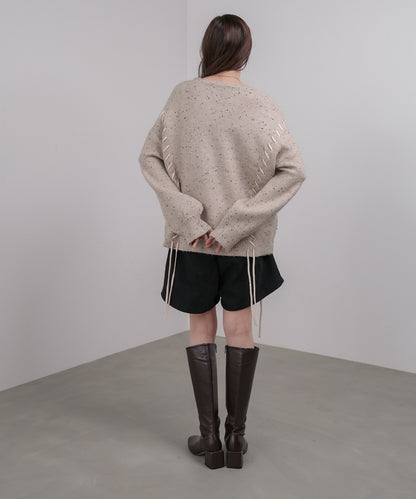 チョコチップ風ネップ 編み上げニットトップス