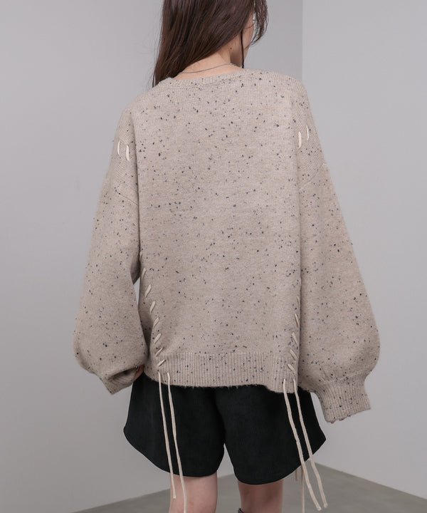 チョコチップ風ネップ 編み上げニットトップス