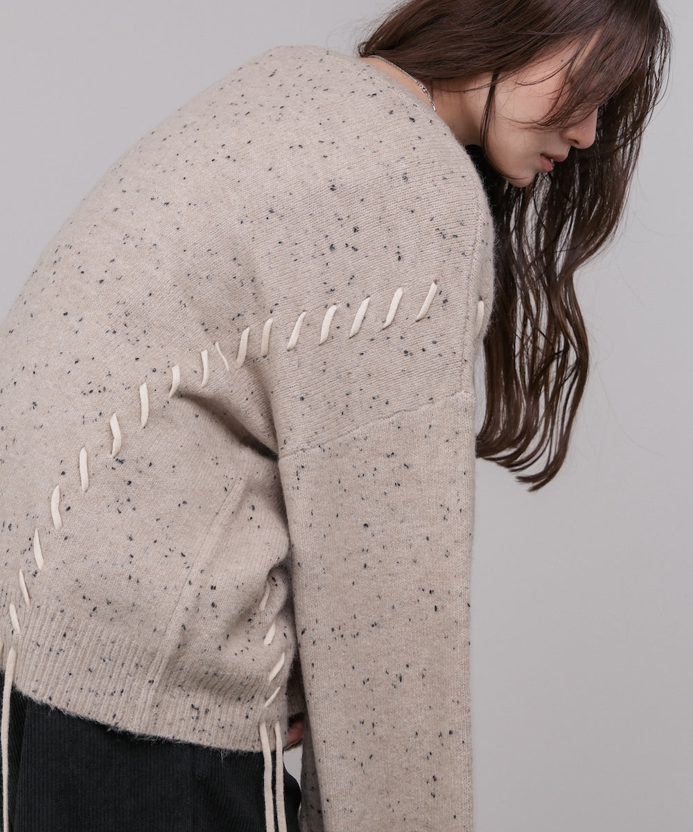 チョコチップ風ネップ 編み上げニットトップス