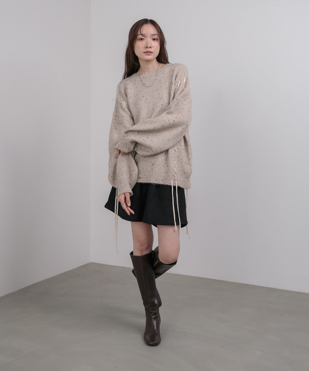 チョコチップ風ネップ 編み上げニットトップス