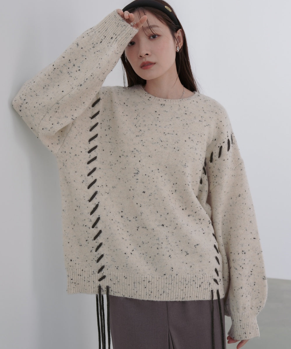 チョコチップ風ネップ 編み上げニットトップス