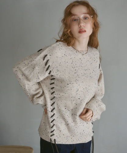 チョコチップ風ネップ 編み上げニットトップス