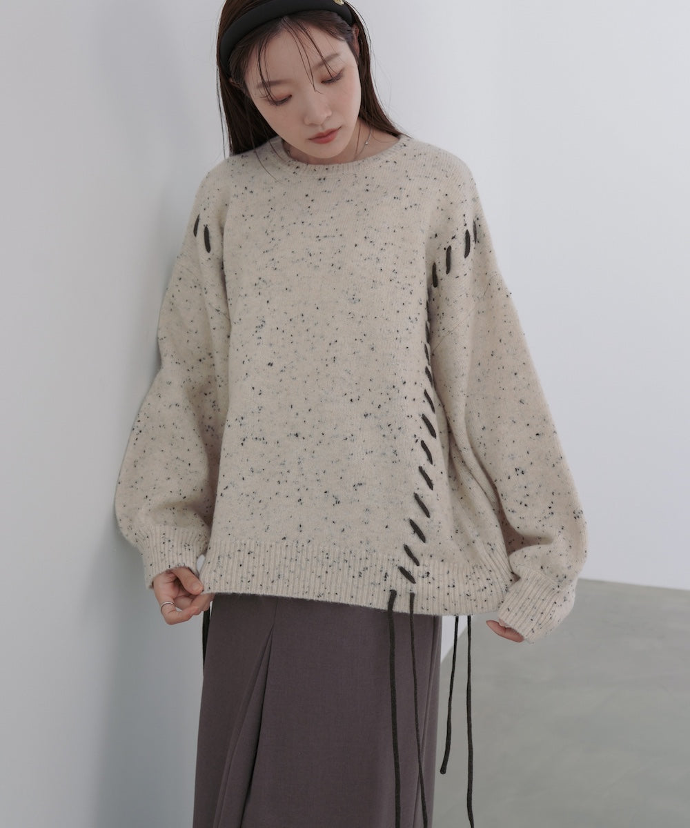 チョコチップ風ネップ 編み上げニットトップス