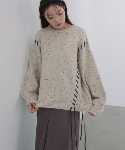 チョコチップ風ネップ 編み上げニットトップス