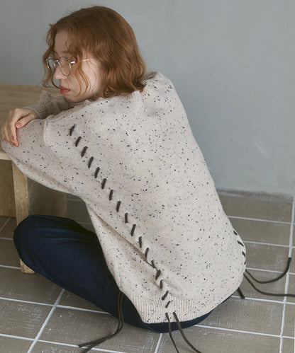 チョコチップ風ネップ 編み上げニットトップス