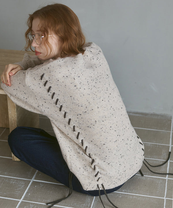 チョコチップ風ネップ 編み上げニットトップス