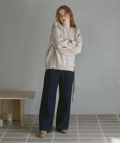 チョコチップ風ネップ 編み上げニットトップス