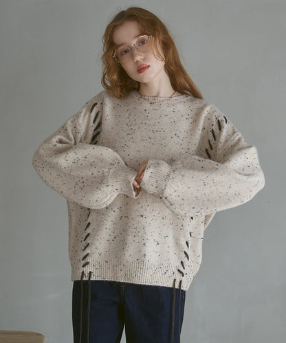 チョコチップ風ネップ 編み上げニットトップス