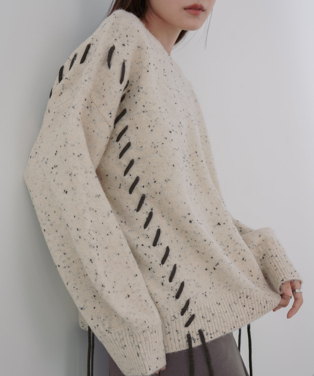 チョコチップ風ネップ 編み上げニットトップス