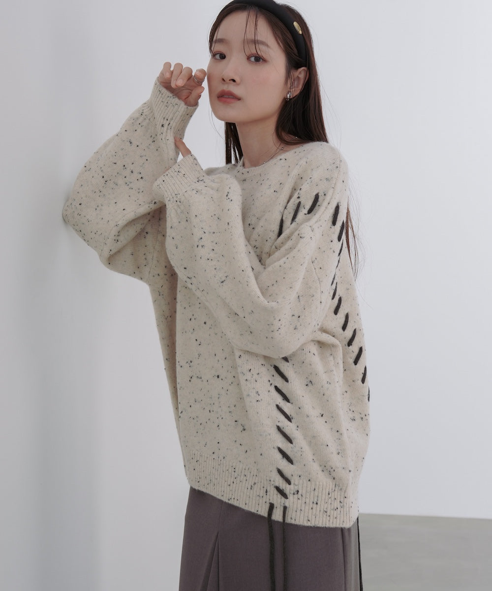 チョコチップ風ネップ 編み上げニットトップス