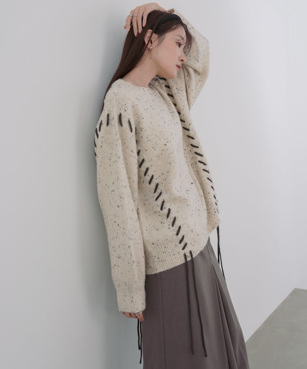 チョコチップ風ネップ 編み上げニットトップス