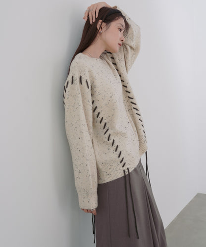 チョコチップ風ネップ 編み上げニットトップス