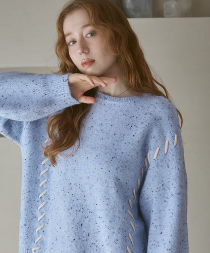 チョコチップ風ネップ 編み上げニットトップス