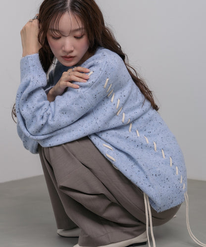 チョコチップ風ネップ 編み上げニットトップス