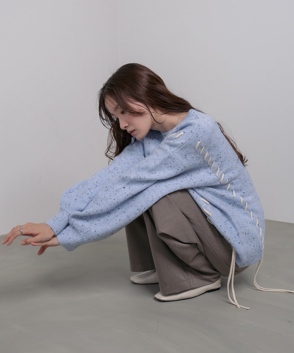 チョコチップ風ネップ 編み上げニットトップス